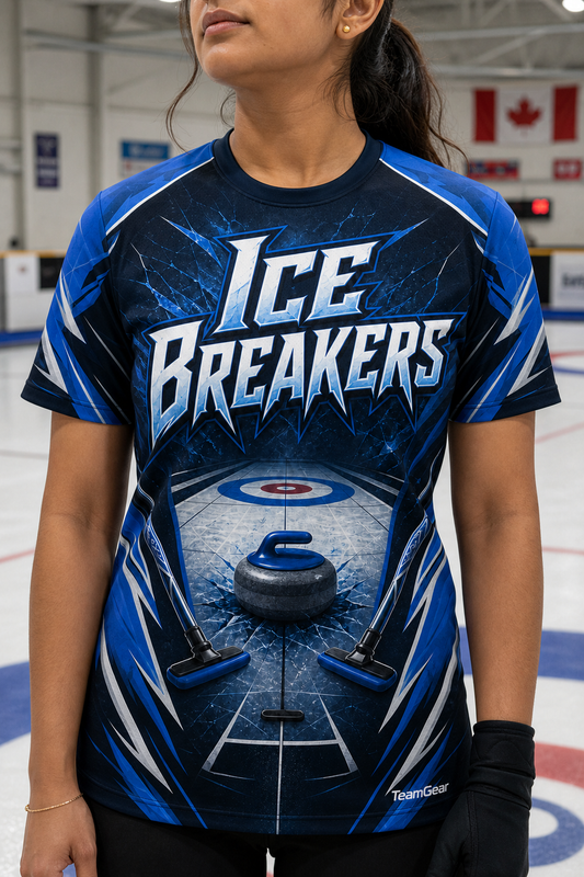 Ice Breakers Blue Curling Jersey — custom curling jersey worn on model — TeamGear Canada