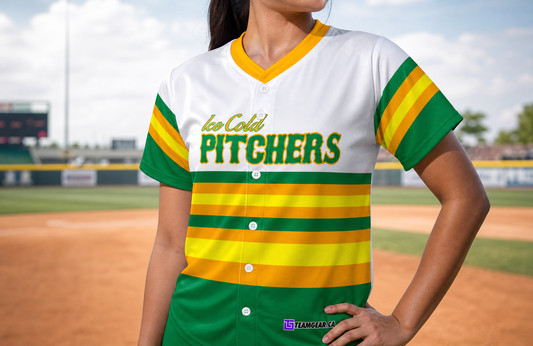 Ice Cold Pitchers Baseball Jersey Full Button — custom baseball jersey worn on model — TeamGear Canada