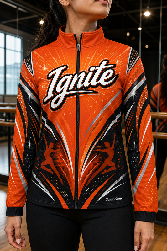 Ignite Orange Dance Jacket — custom dance jacket worn on model — TeamGear Canada