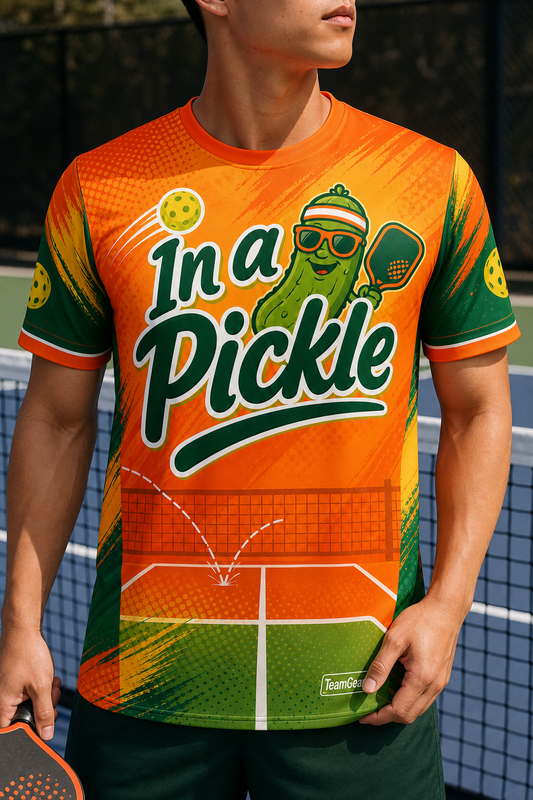 In a Pickle Orange Pickleball Jersey — custom pickleball jersey worn on model — TeamGear Canada