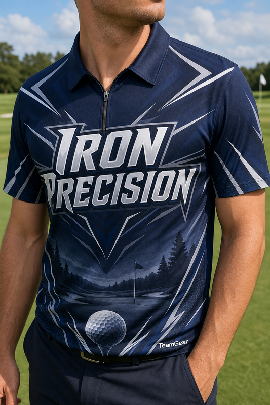 Iron Precision Navy Golf Polo — custom golf team apparel worn on model — TeamGear Canada