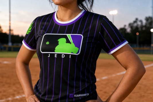 Jedi Bat Trix Black Pinstripe Softball Jersey — custom softball jersey worn on model — TeamGear Canada