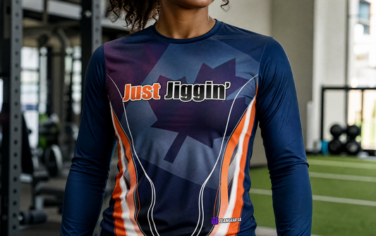 Just Jiggin' Canadian Fishing Jersey — custom jersey worn on model — TeamGear Canada