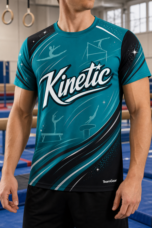 Kinetic Teal Gymnastics Jersey — custom gymnastics jersey worn on model — TeamGear Canada