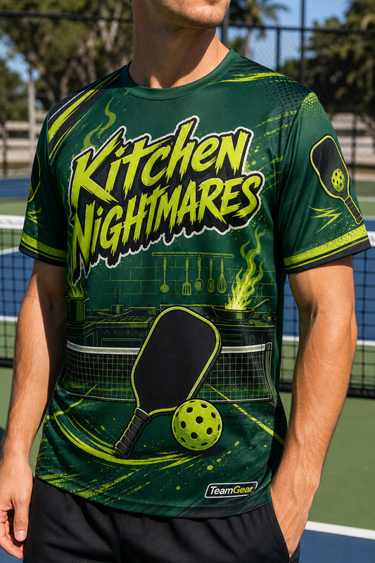 Kitchen Nightmares Green Pickleball Jersey — custom pickleball jersey worn on model — TeamGear Canada