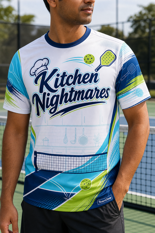 Kitchen Nightmares White Pickleball Jersey — custom pickleball jersey worn on model — TeamGear Canada