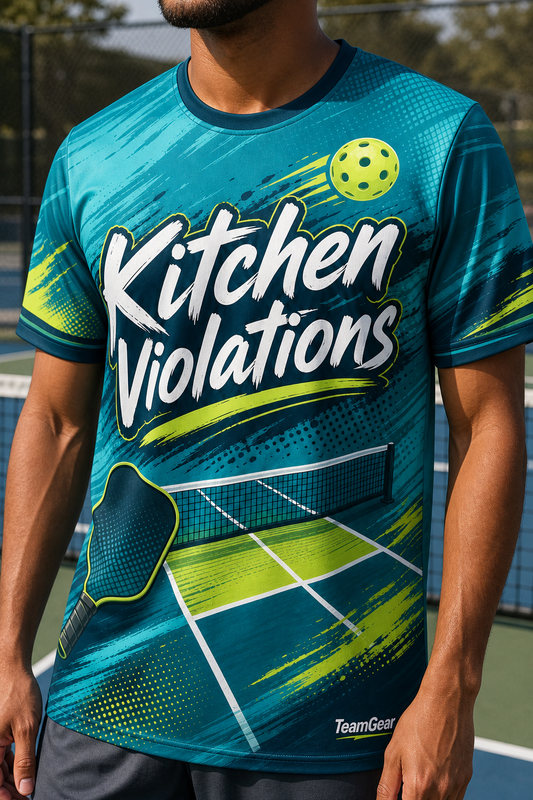 Kitchen Violations Teal Pickleball Jersey — custom pickleball jersey worn on model — TeamGear Canada