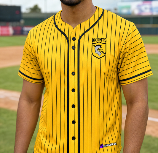 Knights Yellow Baseball Jersey Full Button — custom baseball jersey worn on model — TeamGear Canada
