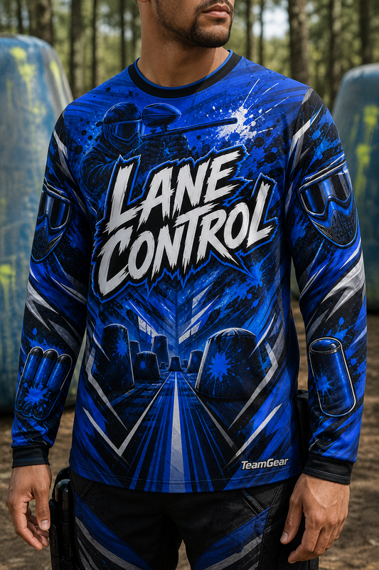 Lane Control Blue Long Sleeve Paintball Jersey — custom paintball jersey worn on model — TeamGear Canada