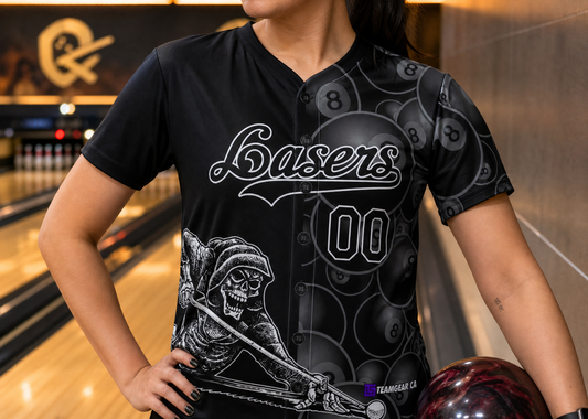 Lasers Black Bowling Jersey — custom bowling jersey worn on model — TeamGear Canada