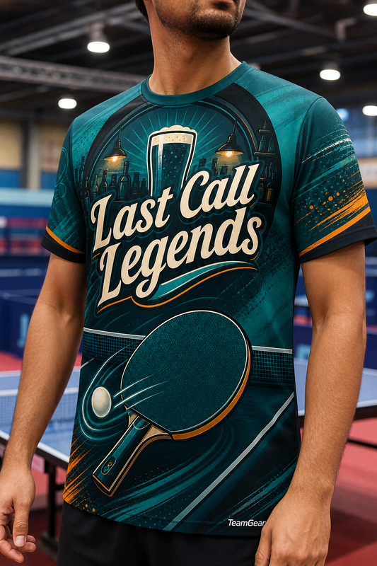 Last Call Legends Teal Table Tennis Jersey — custom table tennis jersey worn on model — TeamGear Canada