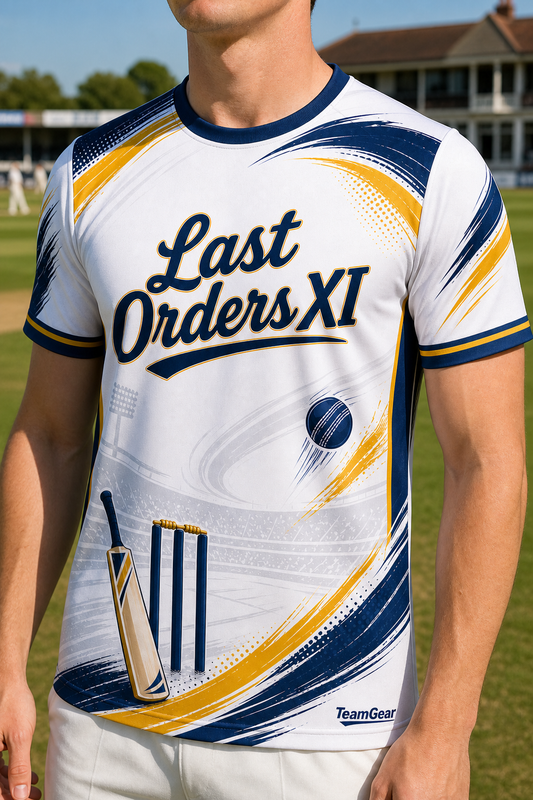 Last Orders XI White Cricket Jersey — custom cricket jersey worn on model — TeamGear Canada