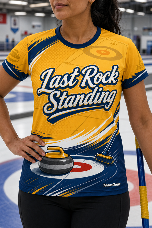 Last Rock Standing Gold Curling Jersey — custom curling jersey worn on model — TeamGear Canada
