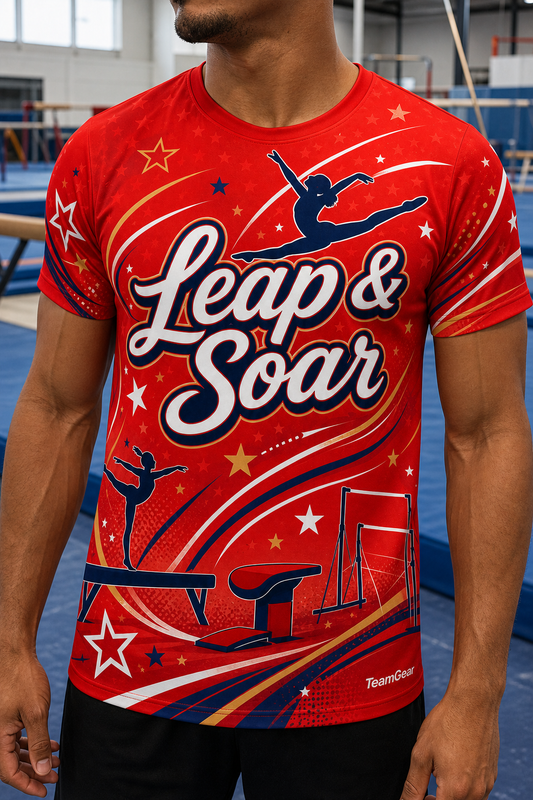 Leap & Soar Red Gymnastics Jersey — custom gymnastics jersey worn on model — TeamGear Canada