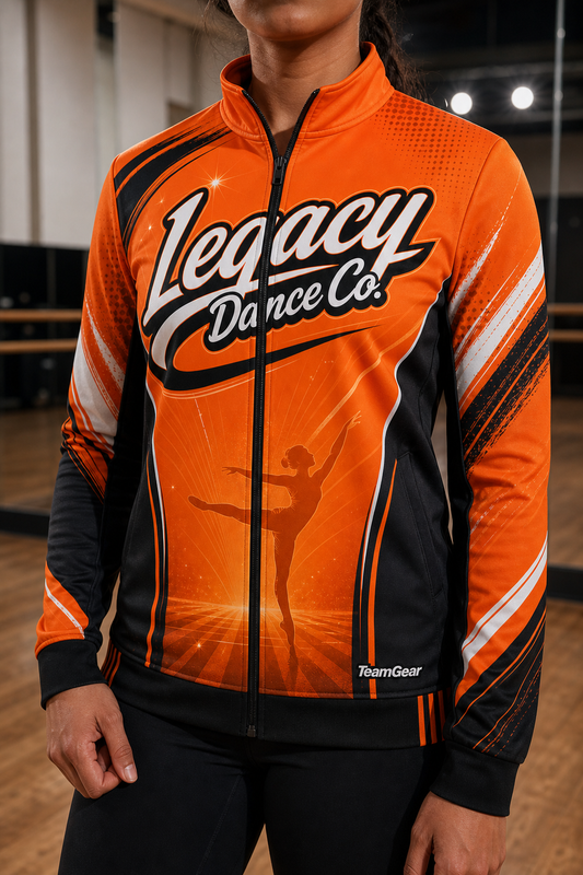 Legacy Dance Co. Orange Dance Jacket — custom dance jacket worn on model — TeamGear Canada