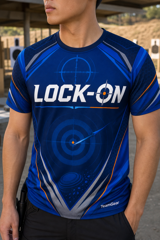 Lock-On Blue Shooting Jersey — custom shooting jersey worn on model — TeamGear Canada