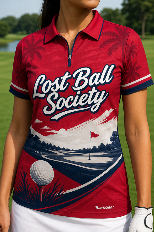 Lost Ball Society Crimson Golf Polo — custom golf team apparel worn on model — TeamGear Canada