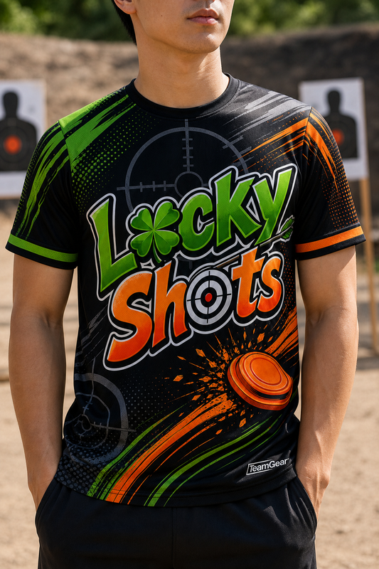 Lucky Shots Black Shooting Jersey — custom shooting jersey worn on model — TeamGear Canada
