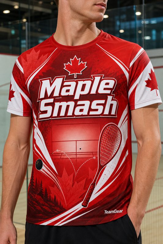 Maple Smash Red Squash Jersey — custom squash jersey worn on model — TeamGear Canada