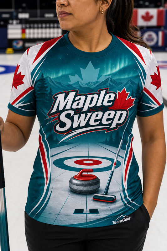 Maple Sweep Teal Curling Jersey — custom curling jersey worn on model — TeamGear Canada