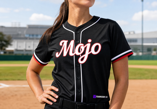 Mojo Black Baseball Jersey Full Button — custom baseball jersey worn on model — TeamGear Canada