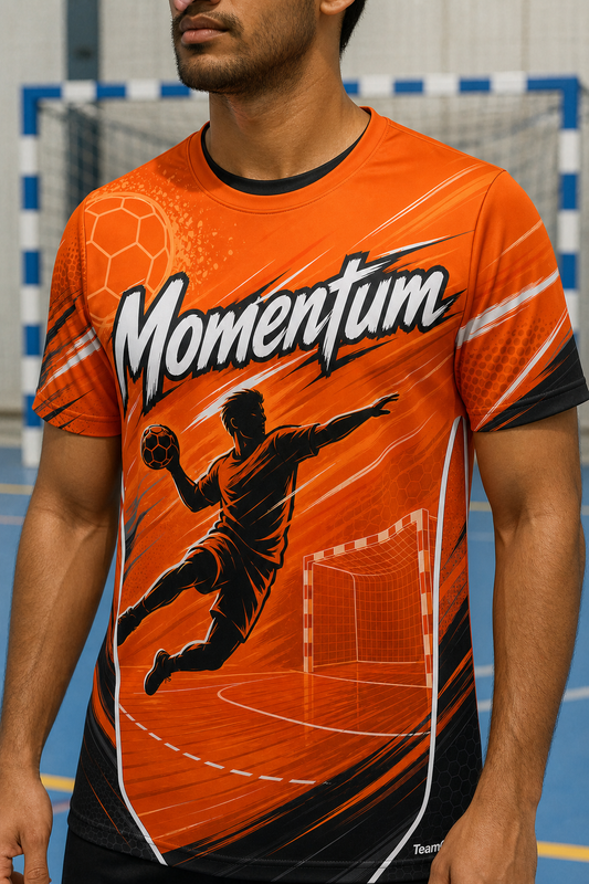 Momentum Orange Handball Jersey — custom handball jersey worn on model — TeamGear Canada