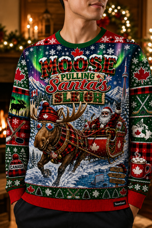 Moose Pulling Santa's Sleigh Ugly Christmas Sweater — custom christmas team apparel worn on model — TeamGear Canada