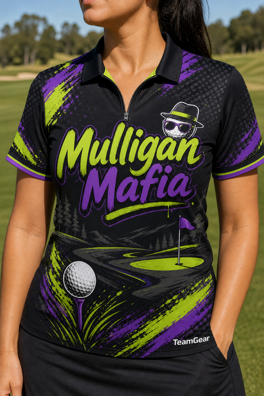 Mulligan Mafia Black Golf Polo — custom golf team apparel worn on model — TeamGear Canada