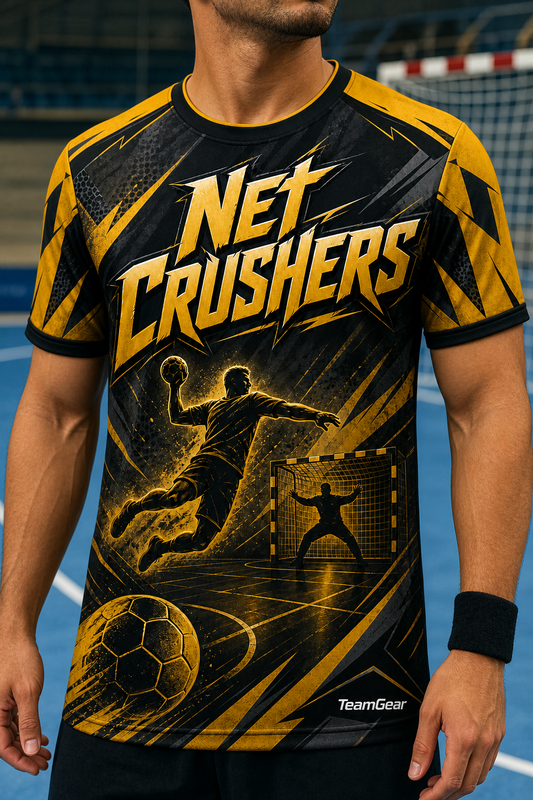 Net Crushers Gold Handball Jersey — custom handball jersey worn on model — TeamGear Canada