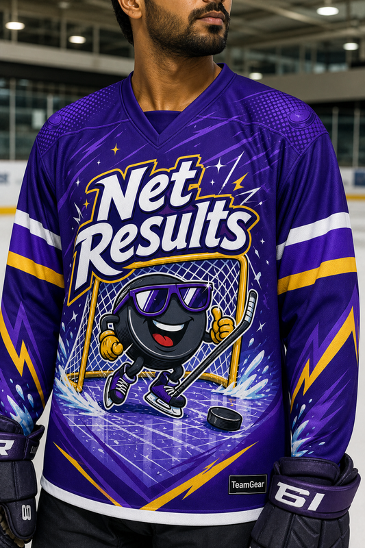 Net Results Purple Hockey Jersey — custom hockey jersey worn on model — TeamGear Canada
