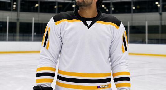 NHL Inspired Hockey Jersey: Boston Bruins White — custom hockey jersey worn on model — TeamGear Canada