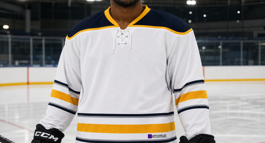 NHL Inspired Hockey Jersey: Buffalo Sabres White — custom hockey jersey worn on model — TeamGear Canada