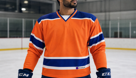 NHL Inspired Hockey Jersey: Edmonton Oilers Orange — custom hockey jersey worn on model — TeamGear Canada
