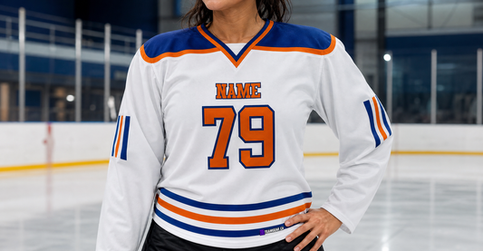NHL Inspired Hockey Jersey: Edmonton Oilers White — custom hockey jersey worn on model — TeamGear Canada