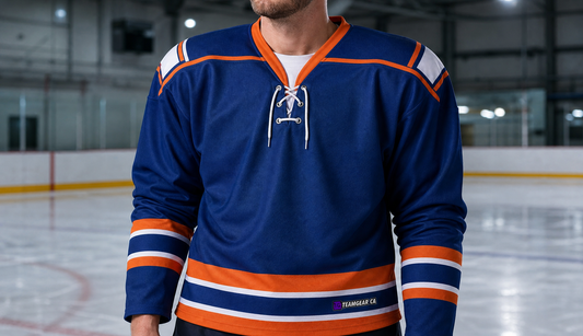 NHL Inspired Hockey Jersey: Halifax Highlanders Blue — custom hockey jersey worn on model — TeamGear Canada