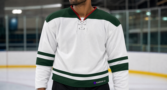 NHL Inspired Hockey Jersey: Minnesota Wild White — custom hockey jersey worn on model — TeamGear Canada