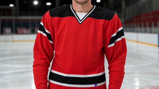 NHL Inspired Hockey Jersey: New Jersey Devils Red — custom hockey jersey worn on model — TeamGear Canada