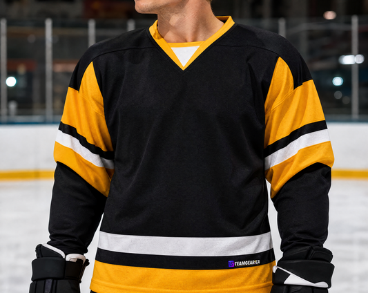 NHL Inspired Hockey Jersey: Pittsburgh Penguins Black — custom hockey jersey worn on model — TeamGear Canada