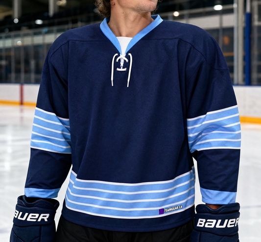 NHL Inspired Hockey Jersey: Pittsburgh Penguins Navy 3rd Alternate — custom hockey jersey worn on model — TeamGear Canada