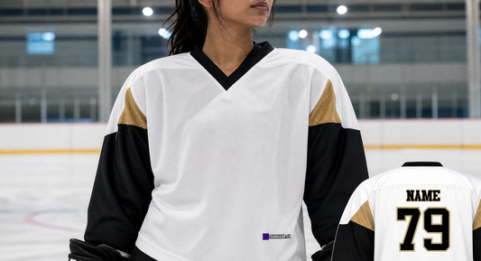 NHL Inspired Hockey Jersey: Pittsburgh Penguins White 2007-2016 — custom hockey jersey worn on model — TeamGear Canada