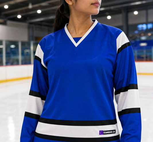 NHL Inspired Hockey Jersey: Winnipeg Jets Alternate Blue — custom hockey jersey worn on model — TeamGear Canada