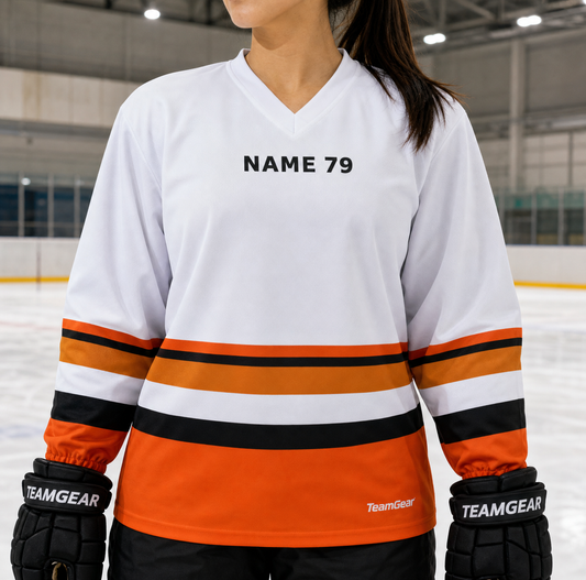 NHL Inspired Hockey Socks: Anaheim Ducks White — custom hockey socks worn on model — TeamGear Canada