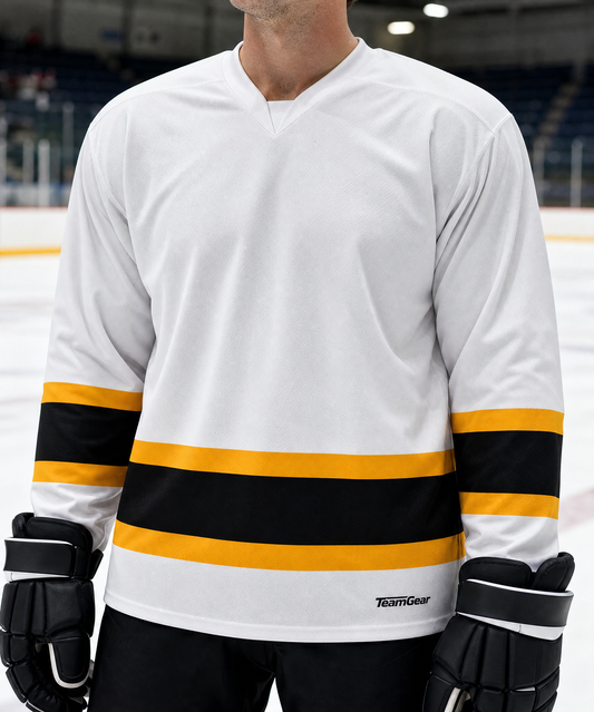 NHL Inspired Hockey Socks: Boston Bruins White — custom hockey socks worn on model — TeamGear Canada