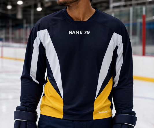 NHL Inspired Hockey Socks: Buffalo Sabres Navy 2006-2010 — custom hockey socks worn on model — TeamGear Canada