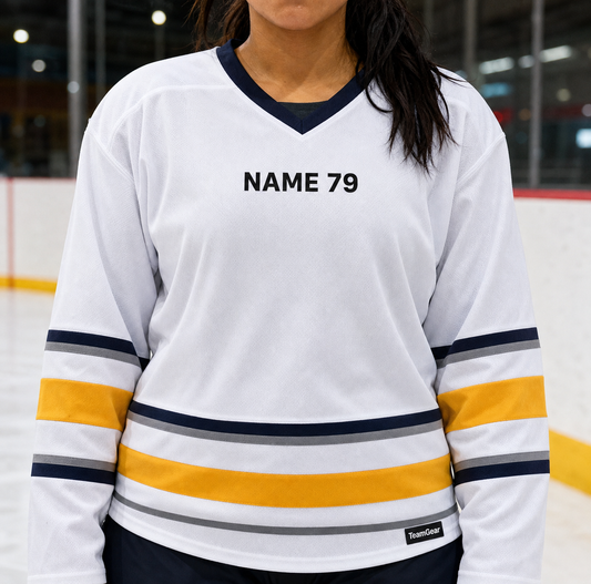 NHL Inspired Hockey Socks: Buffalo Sabres White — custom hockey socks worn on model — TeamGear Canada