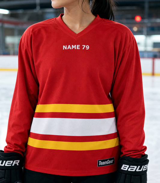 NHL Inspired Hockey Socks: Calgary Flames Red — custom hockey socks worn on model — TeamGear Canada