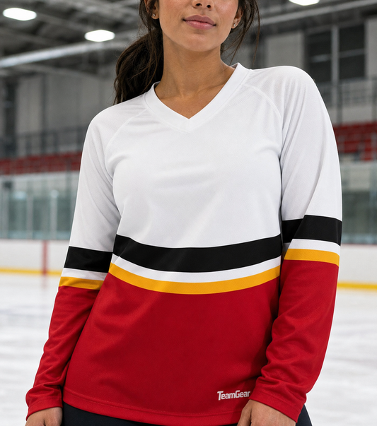 NHL Inspired Hockey Socks: Calgary Flames White 2007-2020 — custom hockey socks worn on model — TeamGear Canada