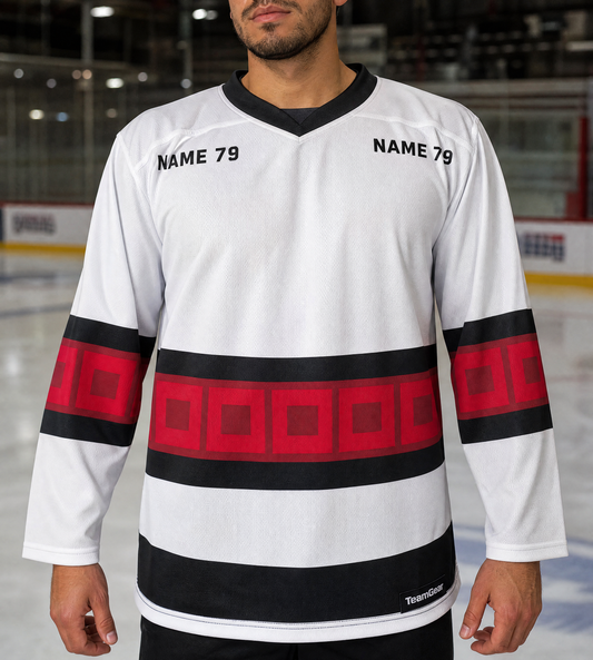 NHL Inspired Hockey Socks: Carolina Hurricanes White — custom hockey socks worn on model — TeamGear Canada