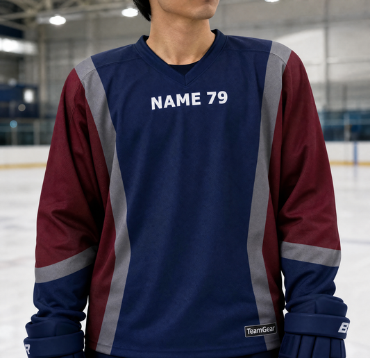 NHL Inspired Hockey Socks: Colorado Avalanche Away — custom hockey socks worn on model — TeamGear Canada