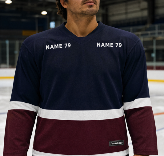 NHL Inspired Hockey Socks: Colorado Avalanche Navy — custom hockey socks worn on model — TeamGear Canada